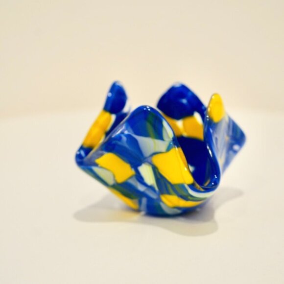 Blue & Yellow Blown Glass Hanker-chief Candle Votive - Picture 2 of 10